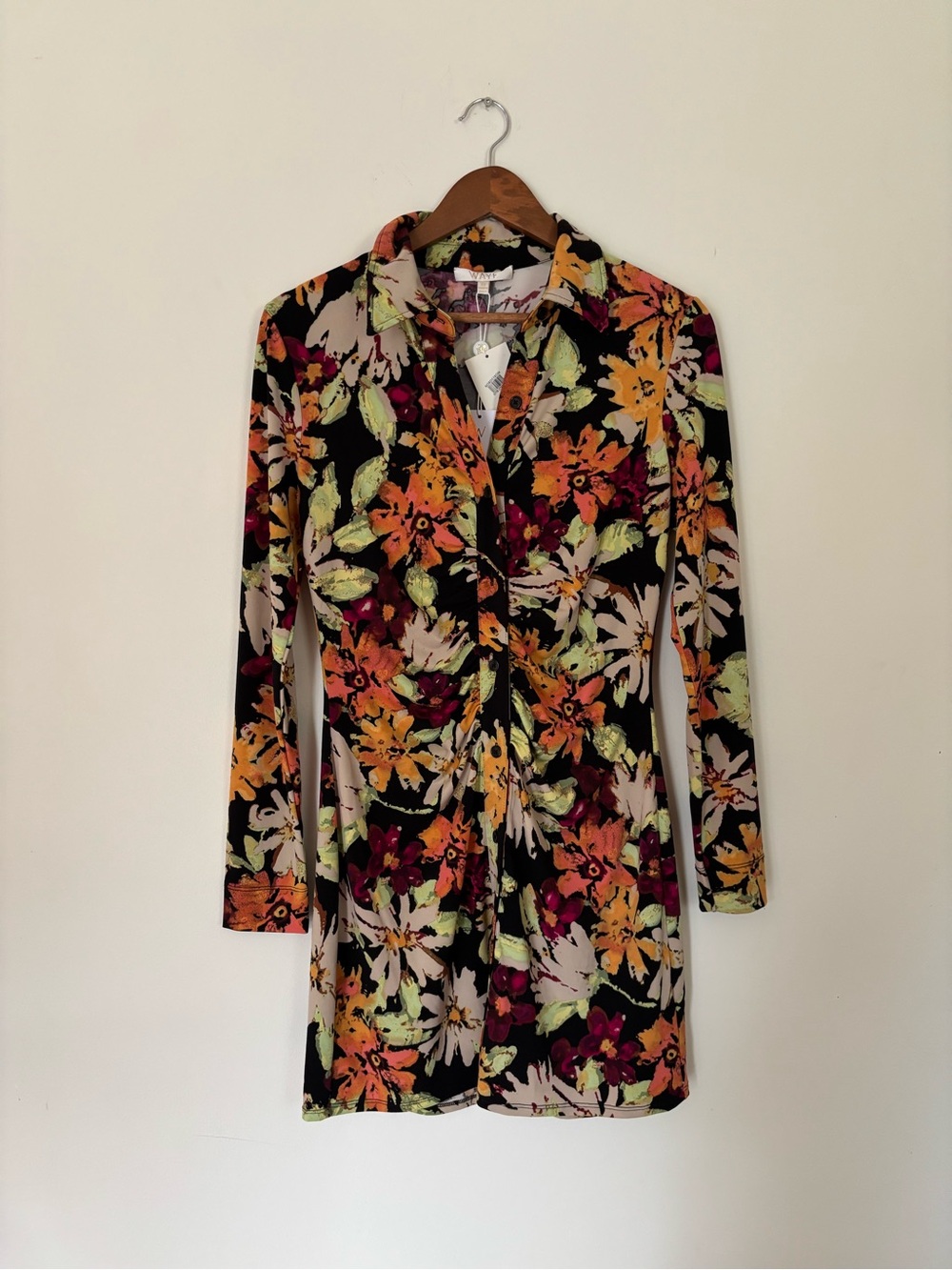 Wayf Black Floral Long-Sleeve Tunic Dress with Orange Accents Size XS BNWT